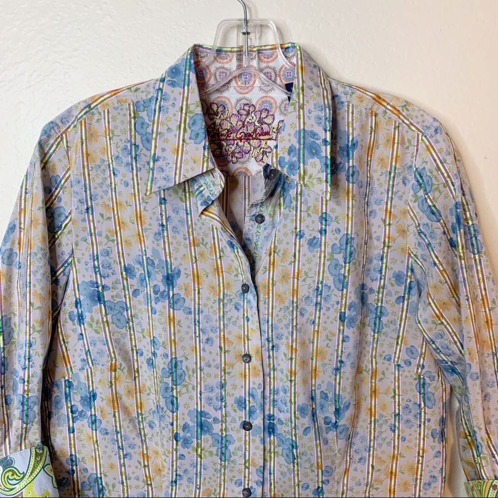 Robert Graham Women’s Floral Button Down Shirt M/M Blue Yellow Cotton - Picture 4 of 11